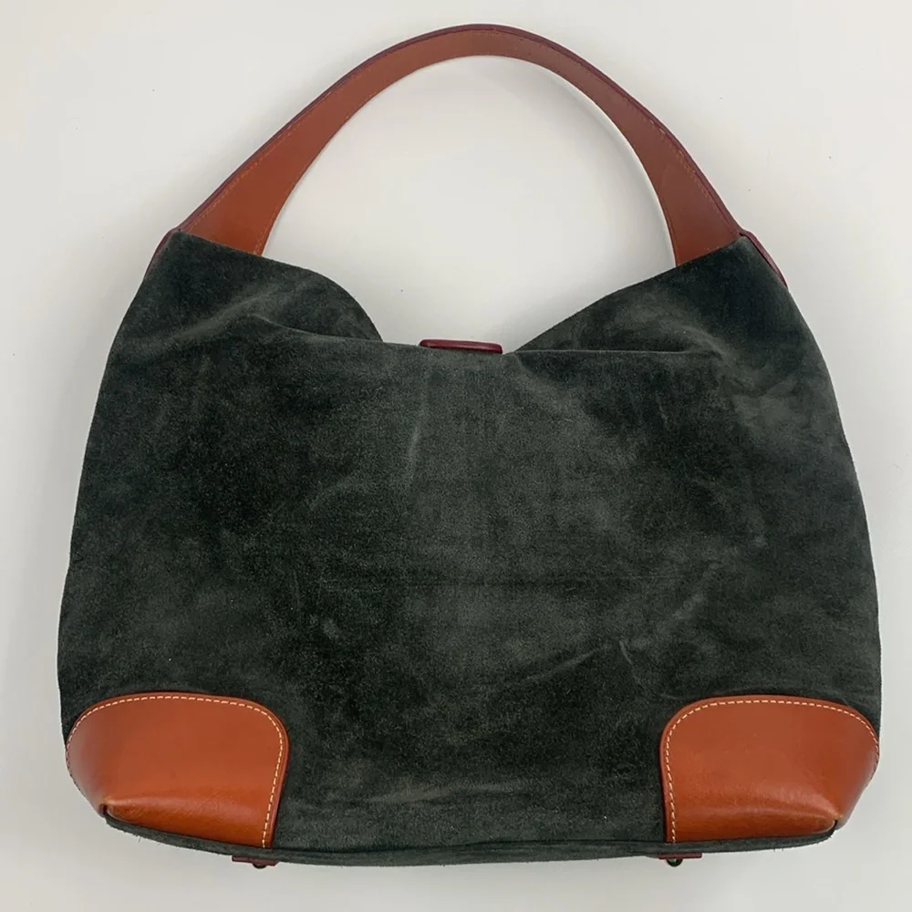 Dooney & Bourke Leather Suede Shoulder Bag Gray Brown Gold Red Lined Pockets - Picture 3 of 16